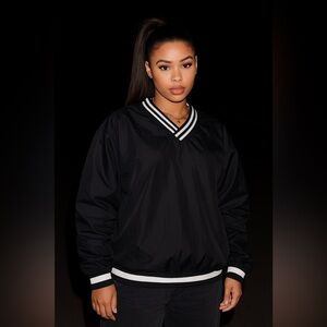 Varsity Pullover Windbreaker Nylon Collegiate Sports Jacket Black XL Oversized